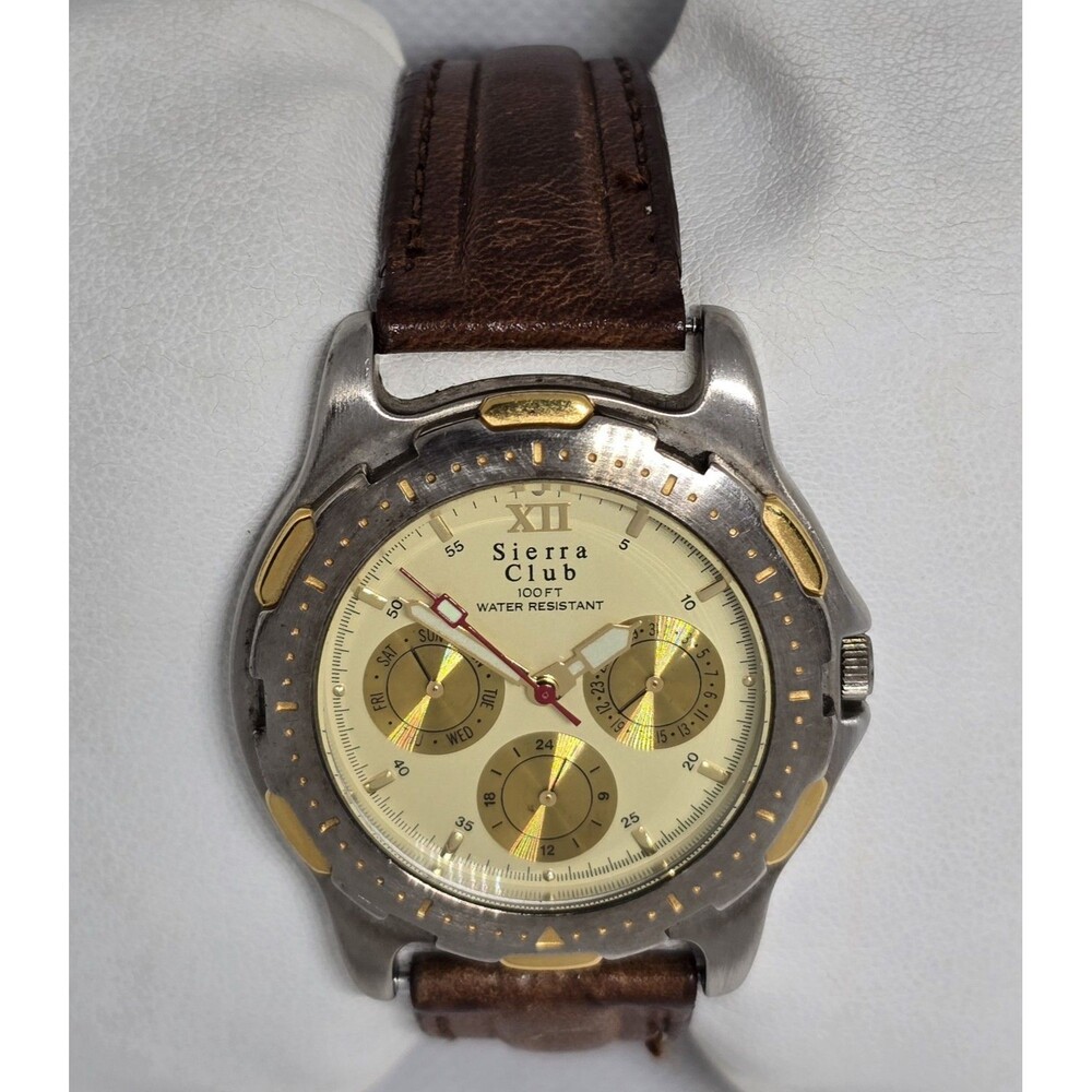 Men's Sierra Club Classic 3 Eye Silver Gold Tone Case Brown Strap Watch 13 - Picture 4 of 10